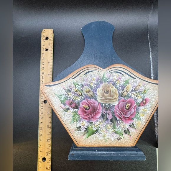 Hand painted Blue and Floral Wooden Storage Box Signed - Picture 3 of 7